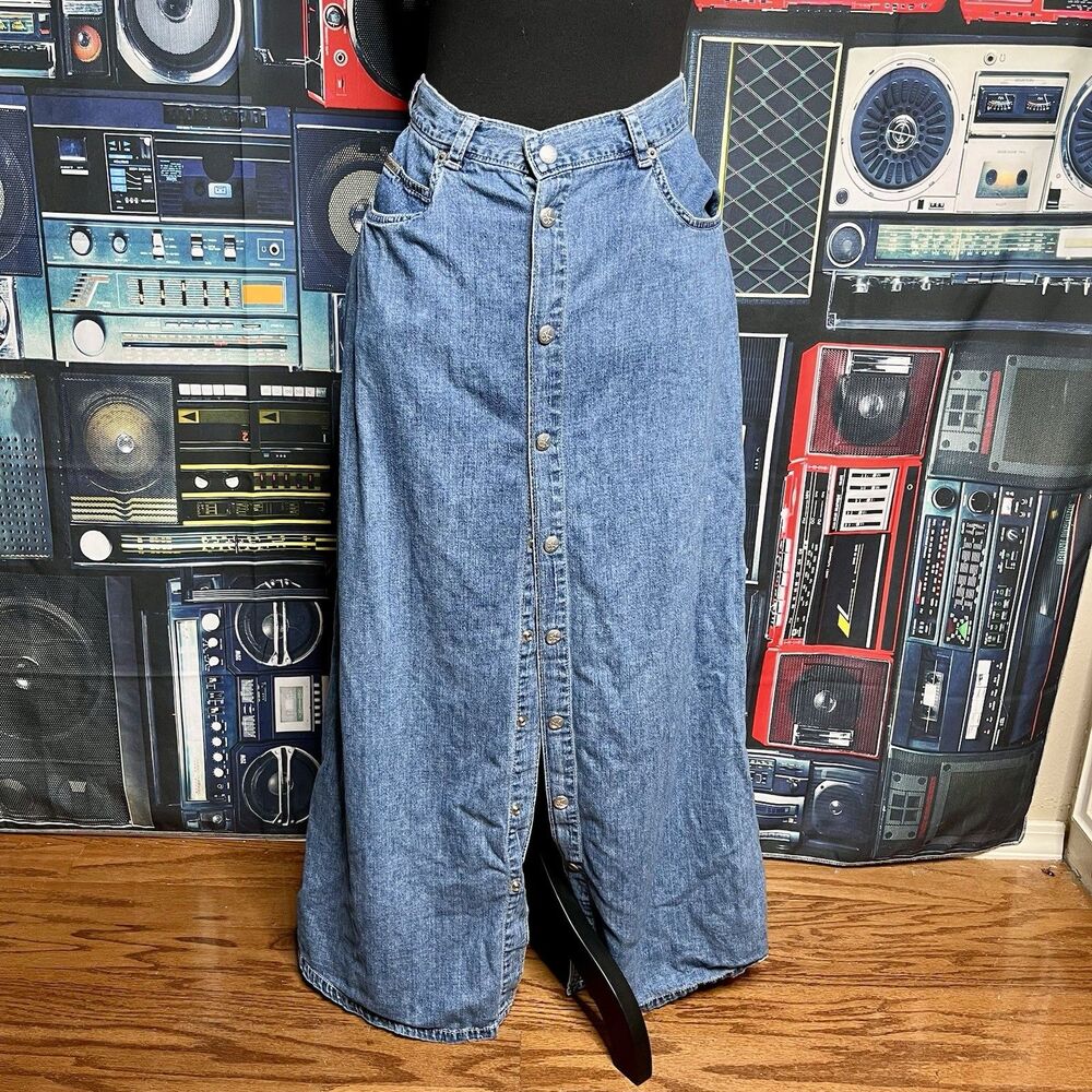 CALVIN KLEIN Vintage 90s Y2K Denim Maxi Skirt Snap Button Blue Jean A Line